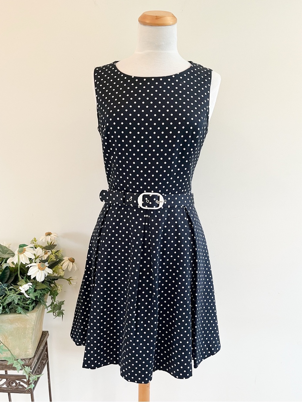 Nine West Black White Polka Dot Fit-n-Flare Dress Size 10